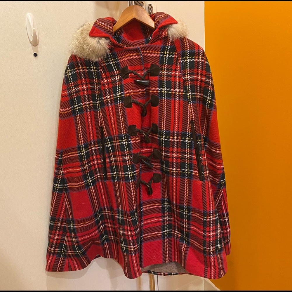 Jcrew Vintage Wool Plaid Cape with removable fur lined hood.